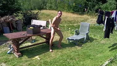Jerking off While Hanging Out the Laundry