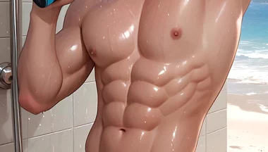 Soft Kawaii Boy in Beach Shower with Pastel Pink Hair